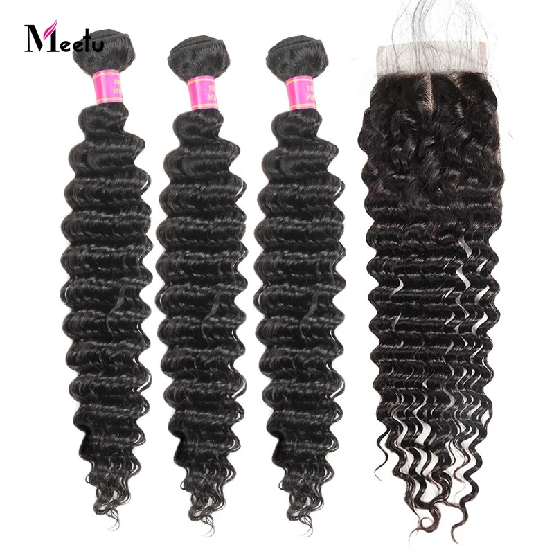 Meetu волосы индийские человеческие пучки с закрытием не Remy Кружева Закрытие 3