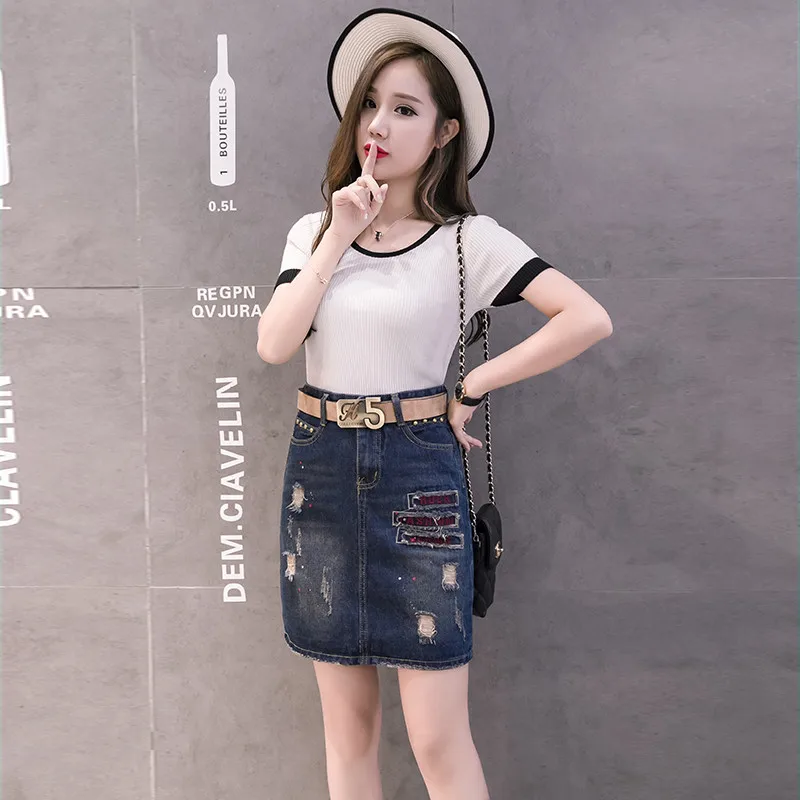 

Women High Waisted Korean Style Slim Plus Size New Jean Skirts Summer Hole Ripped Embroidery Short Denim Skirt Female Streetwear