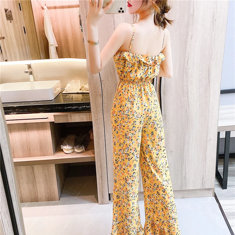 

Chiffon Print Ruffles 2021 Sexy Summer Condole Belt Falbala Backless Temperament Sweet Women Jumpsuits Wide Leg Pants Bohemian