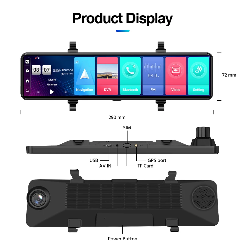 E-ACE Dash Camera 12 Inch 4G Android 8.1 Car DVR GPS Navigation Night Vision Video Recorder WiFi Support 1080P Rear | Автомобили и