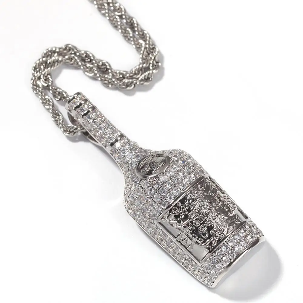В Стиле Хип-хоп, два тона, с микро покрытием, AAA, кубический цирконий, Bling Iced Out, бутылка для виски, вина, подвески, ожерелье для мужчин, рэппер, ювелирное изделие, золото - Окраска металла: silver