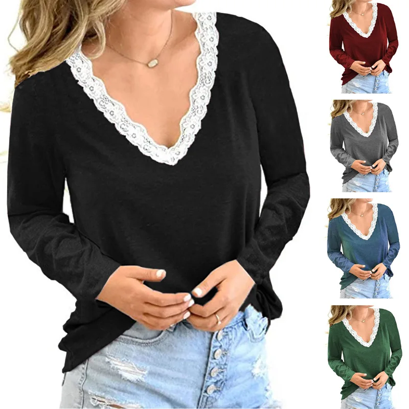 New Autumn and Winter Leisure Loose V-neck Stitching Lace Long-Sleeved T-shirt for Women