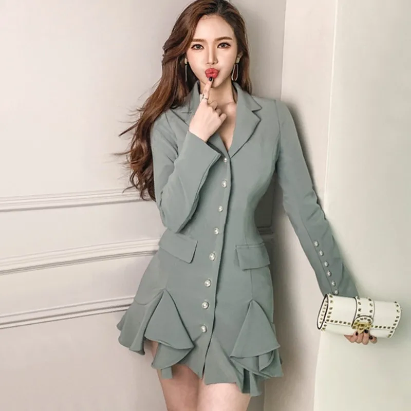 

Korean Spring Fashion Pearl Single-Breasted Business Office OL Ruffle Dress Bodycon Vintage Notched Collar Elegant Mini Dress