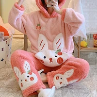 pajamas woman autumn and winter new flannel rabbit cartoon lovely sweet fluffy thick girl home leisure pajamas home clothes