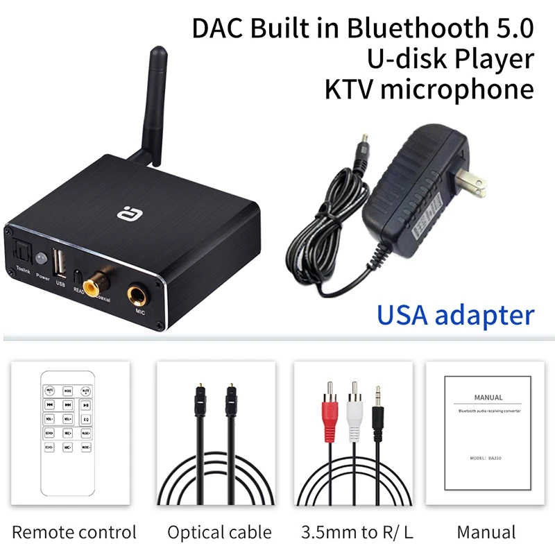 

Wireless Bluetooth 5.0 Receiver Audio DAC Converter Player Microphone Optical Coaxial to RCA Aux Music Adapter