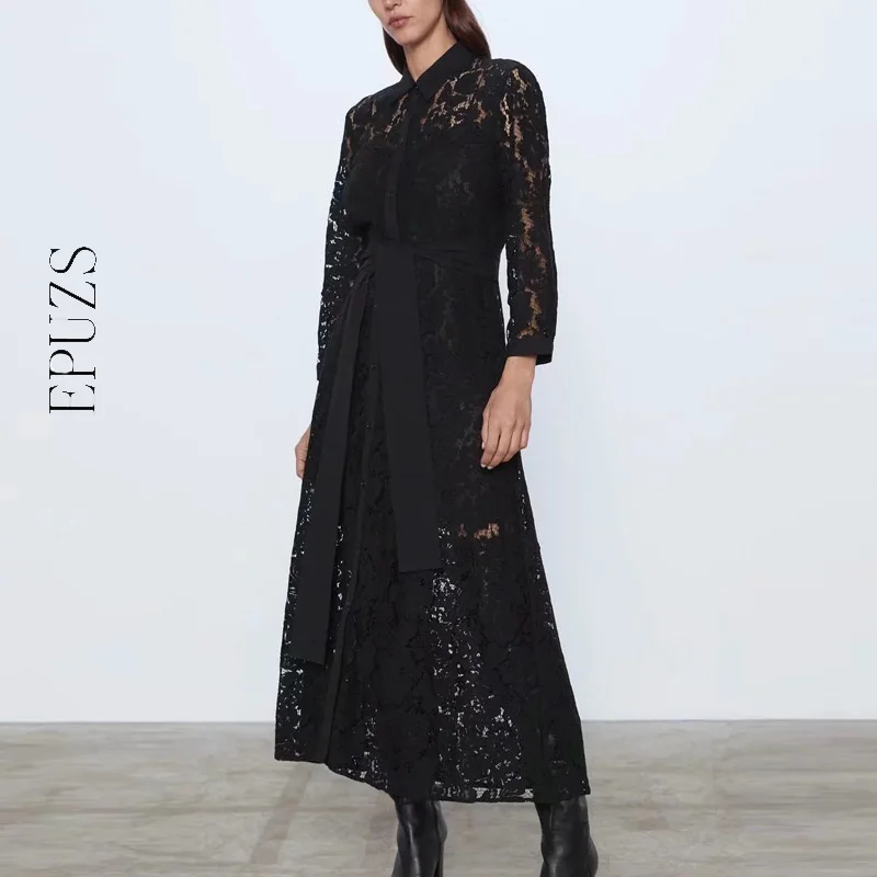 Винтажное черное кружевное длинное платье 2020 женское свободное с длинным