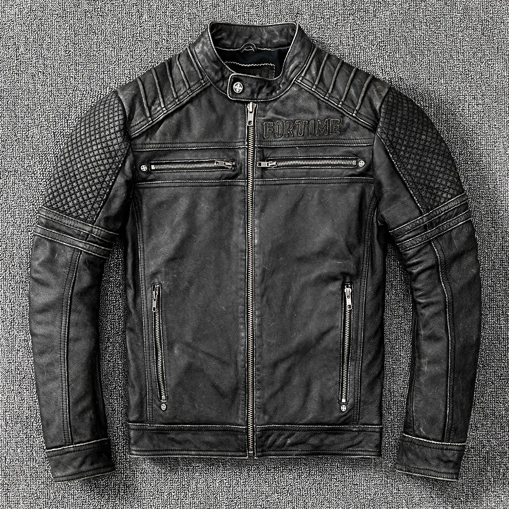 

2021 Vintage Black Motorcycle Style Stand Collar Genuine Leather Jacket Men Plus Size 4XL Real Natural Cowhide Spring Coat