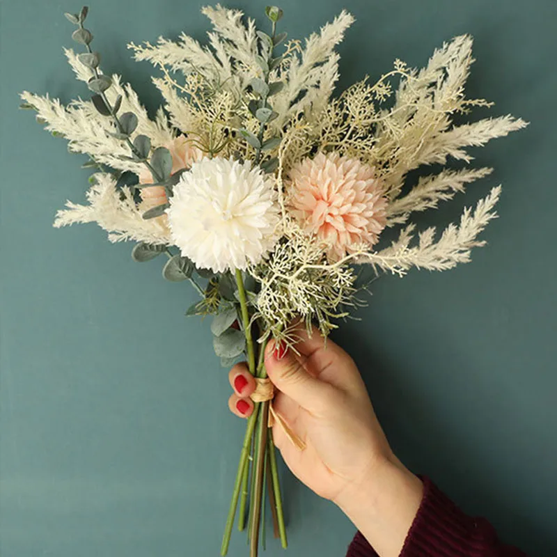 

NEW White Artificial Flowers High Quality Silk Dandelion Plastic Eucalyptus Hybrid Bouquet Wedding Home Decoration Fake Flower