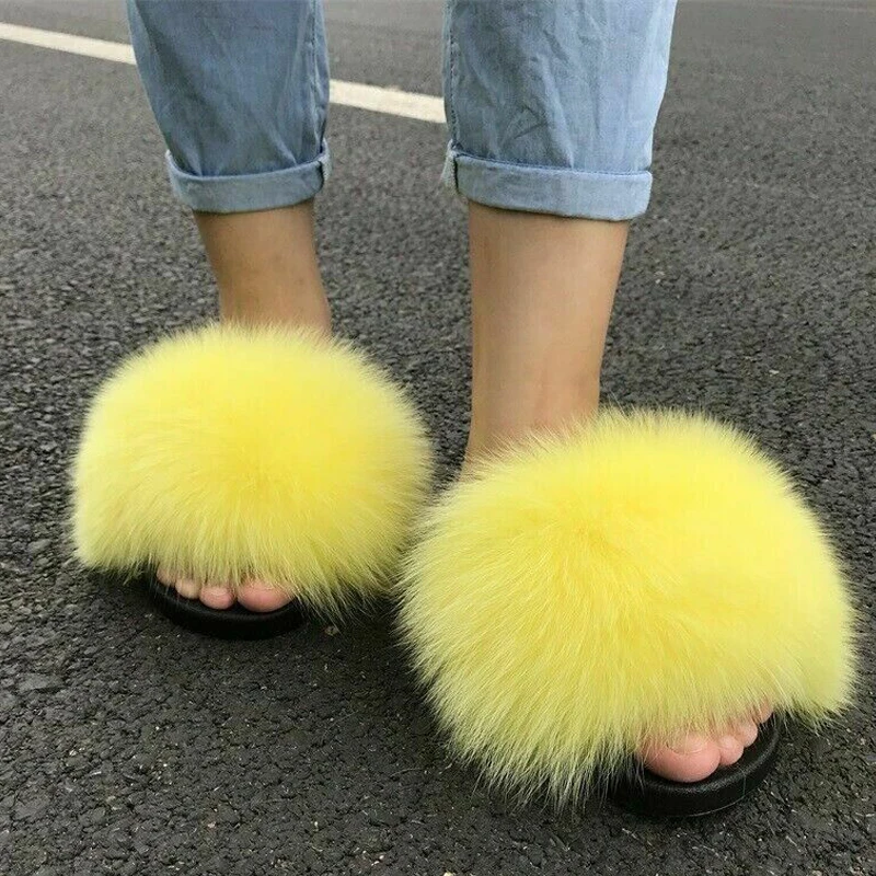 

Women Real Fox Fur Slides Summer Casual Fluffy Raccoon Fur Slippers Ladies Flat Furry Outdoor Flip Flops Big Size Amazing Shoes