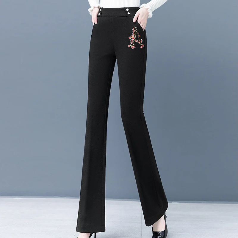 

Fashion Embroidery Woolen Flare Pants Women Elegant Plus Size 5XL Slim Bell Bottom Pants Office Lady High Waist Trousers Female