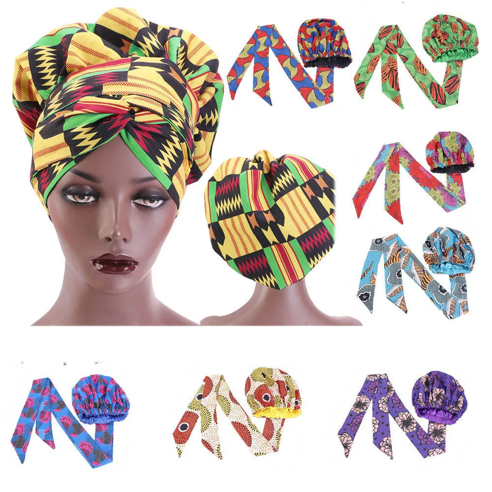 

African pattern satin linned bonnet With Long Ribbon headwrap Double Layer Headwrap headscarf Big Size Women Hair Cover