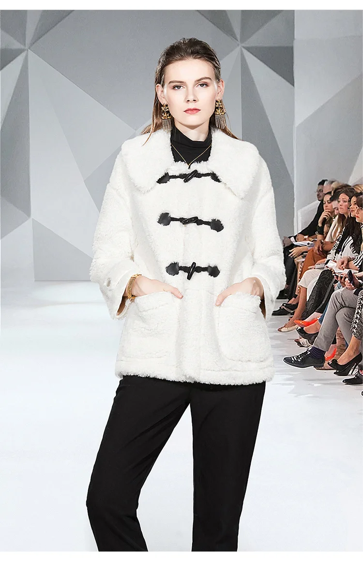 Модная розовая белая шерстяная Женская двубортная короткая куртка с длинным