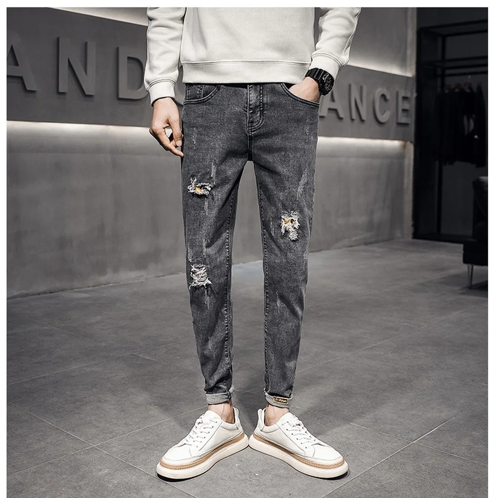 

New Pencil Jeans for Men 2021 Distressed Broken Hole Ankle-length Pants Casual Vintage Stretch Denim Classic Slim Pantalon Homme