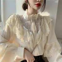 autumn korean sweet loose clothes lace up ruffled women blouses fashion stand collat ladies tops vintage lace shirts women 11335