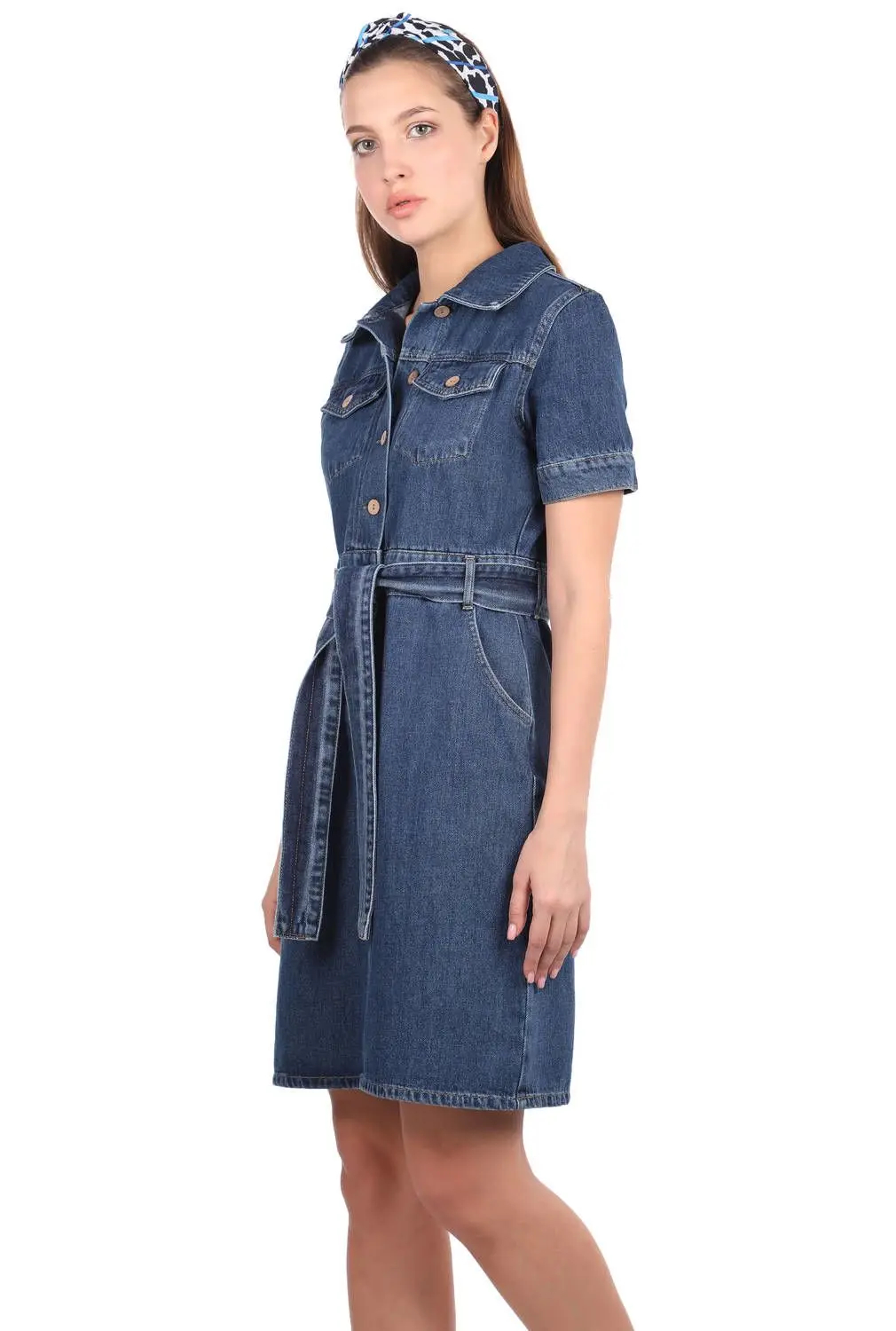 

Blue White Womens Short Sleeve Jean Dress