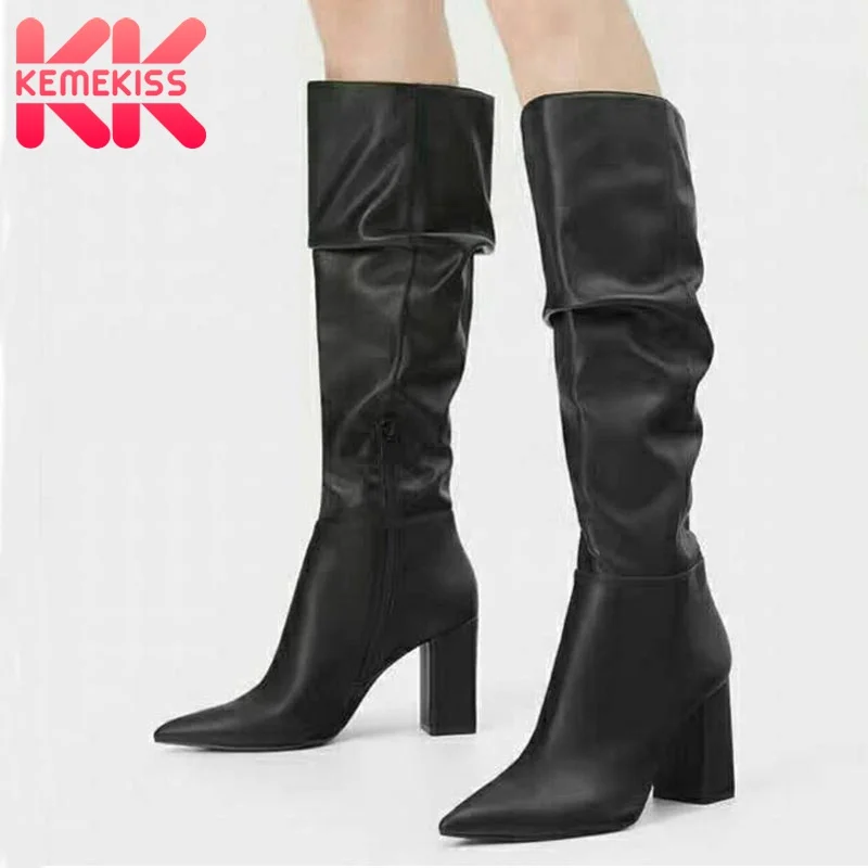 

KemeKiss Real Leather Over The Knee Boots Pointed Toe Thick High Heel Zipper Solid Color Winter Ladies Footwear Size 33-43