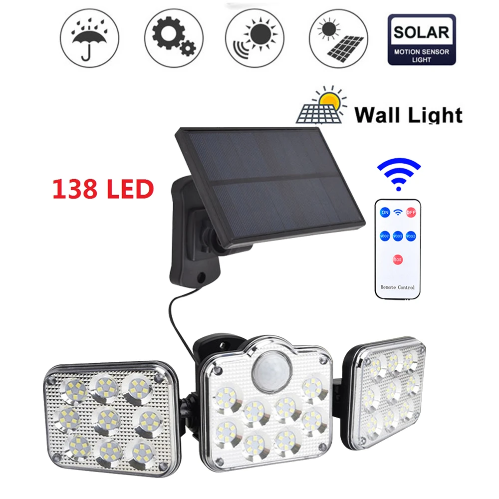 

138 led remote seperable Solar Lights Outdoor Bright 100 3 Head Security Lights with Motion Sensor Lamp Porch Garden Patio Yard