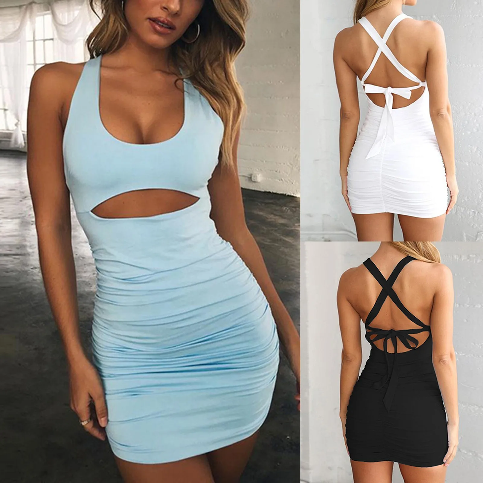 

Women'S Sexy Low-Cut Hollow Out Summer Dress Spaghetti Backless Sleeveless Cross Back Straps Clubwear Ruched Sheathing Dress