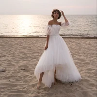 vintage off the shoulder irregular tulle wedding dress 2022 hi lo short puff sleeves beach brides dress pleated bridal gown