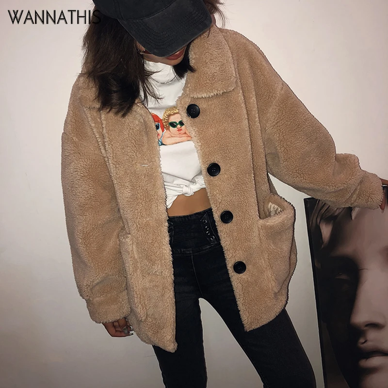 WannaThis/Зимние плюшевые пальто для женщин, пальто из искусственного меха, плюшевая куртка Медвежонок на пуговицах, Толстая теплая флисовая куртка, пушистые куртки, пальто