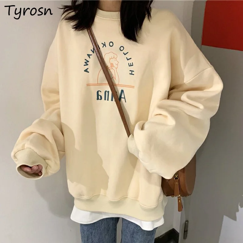 

Women Hoodies Print O-neck Aesthetic Lovely Design Elegant All-match Ulzzang Graphic Harajuku Streetwear Plus Velvet Loose Warm