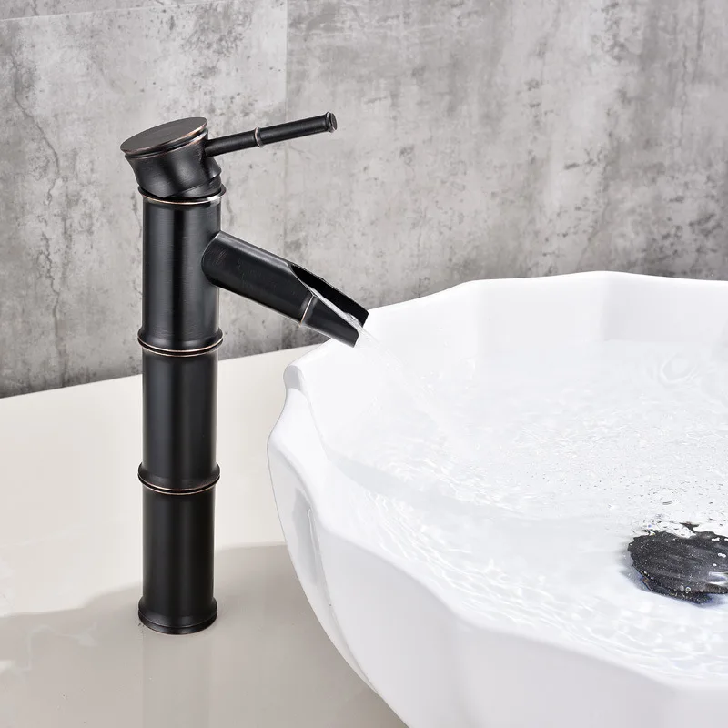 

Черный латунный водопад, смеситель для раковины в ванную комнату, высокий бамбуковый водопроводный кран, смесители для раковины в стиле рет...