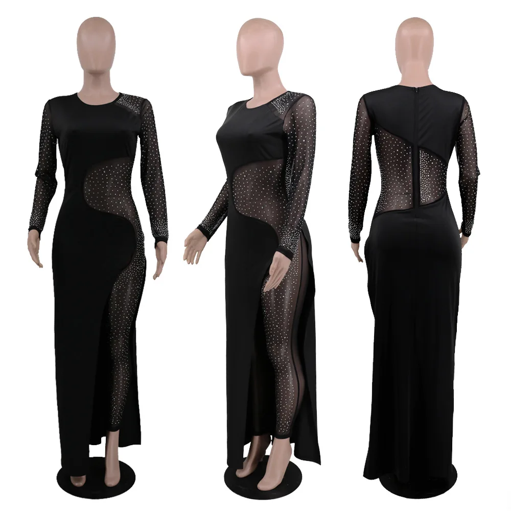 

2021 New Women Autumn Winter Long Sleeve Jumpsuits Sparkly Diamond Mesh Patchwork Sexy See Through Rompers For Nightclub Party