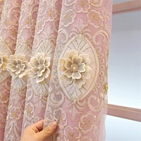 custom european style luxury flower embossed curtains for living room bedroom cloth tulle double layer blue blackout curtain 4
