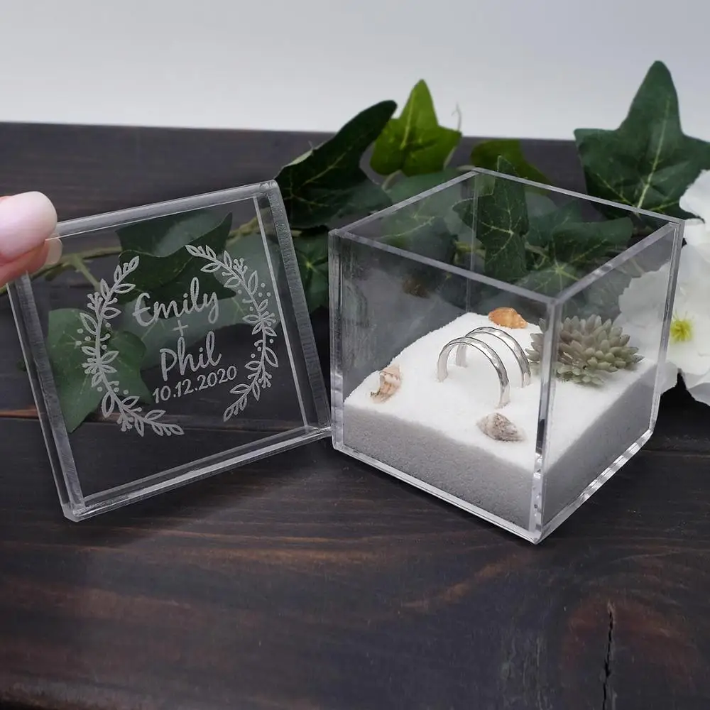 

Acrylic Ring Box,Personalised Wedding Ring Box,Ring Bearer Box,Engraved Acrylic Box,Custom Wedding Ring Box with Sand