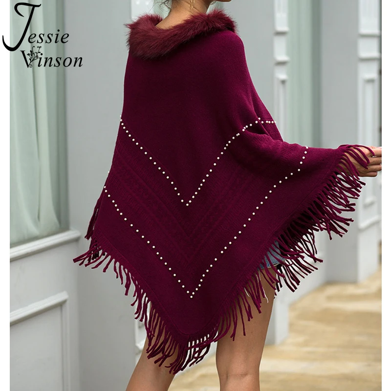 Jessie Vinson Warm Fur Collar Tassels Beading Pullover Sweater Women Winter Elegant Cape Autumn Knitted Cloak Knitwear | Женская одежда