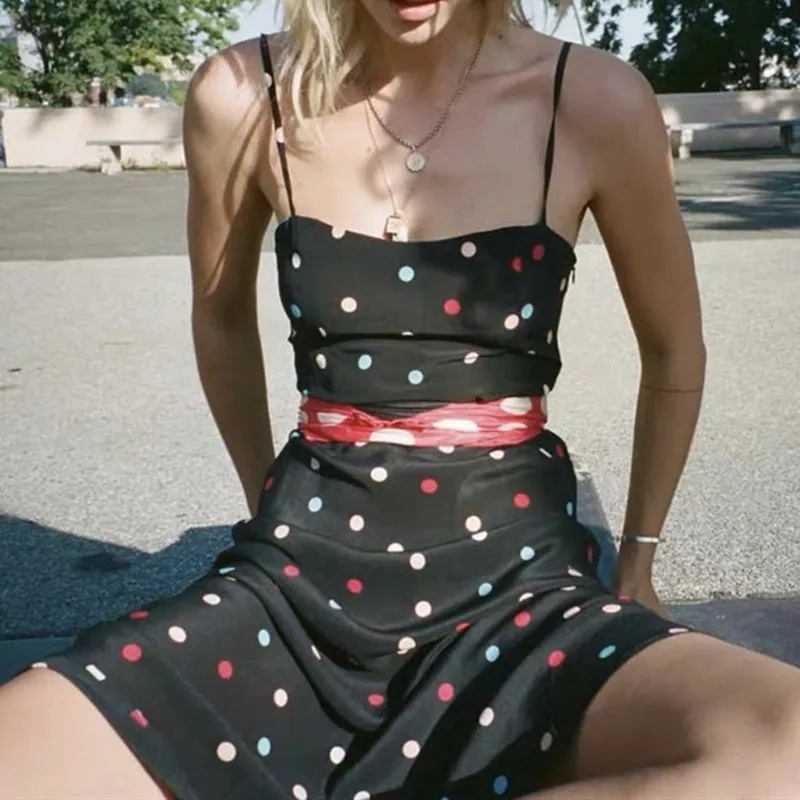 Платье женское атласное пляжное в горошек пикантное Клубное на бретелях разные