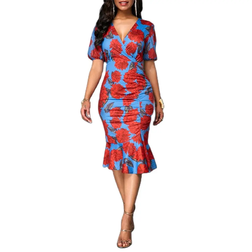 

Женское длинное вечернее платье с V-образным вырезом и цветочным принтом