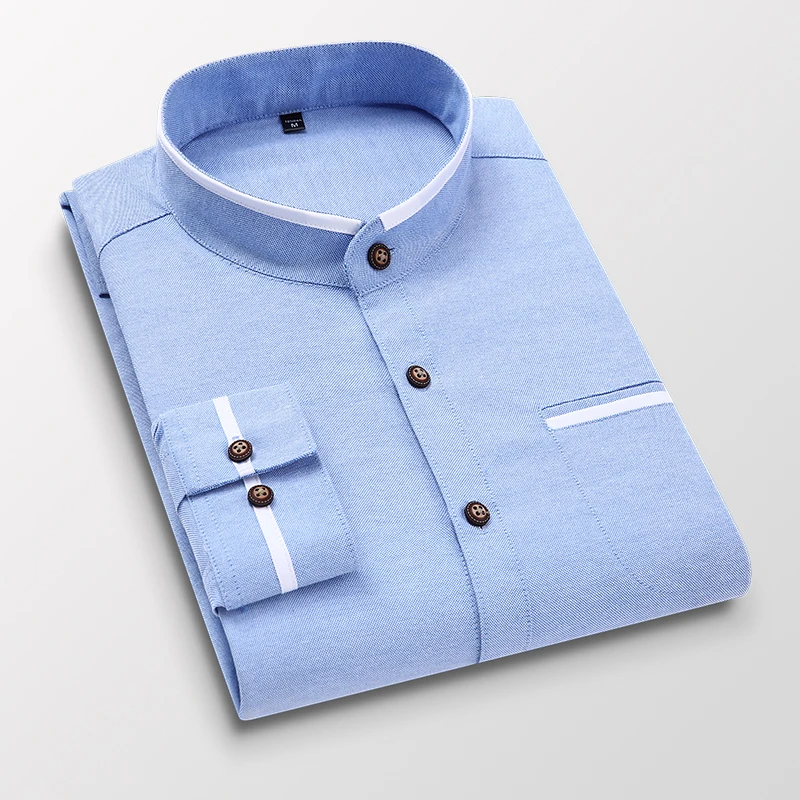 Men's clothing Long Sleeve Regular-fit Button-down Thick Shirts Casual Solid Oxford Dress  White Shirt Single Patch Pocket Stand