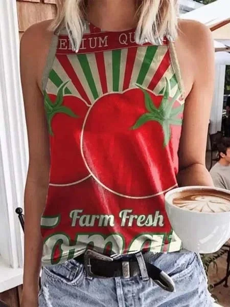 

2021 summer new women's independence day fruit print round neck slim vest