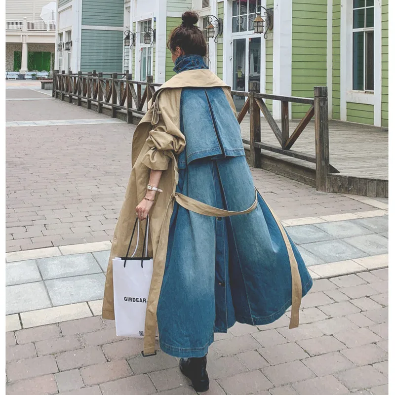 [EWQ] 2020 осенний Новый Тренч женский модный джинсовый пэчворк хаки Пальто Куртка