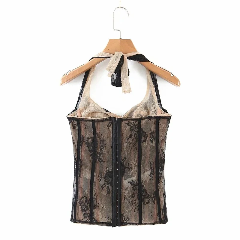 Chic Double Lace Hook Flower Slim Camisole Sexy Backless Bandage Neck-mounted Camis Summer Moda Crop Top Mujer Verano 2021