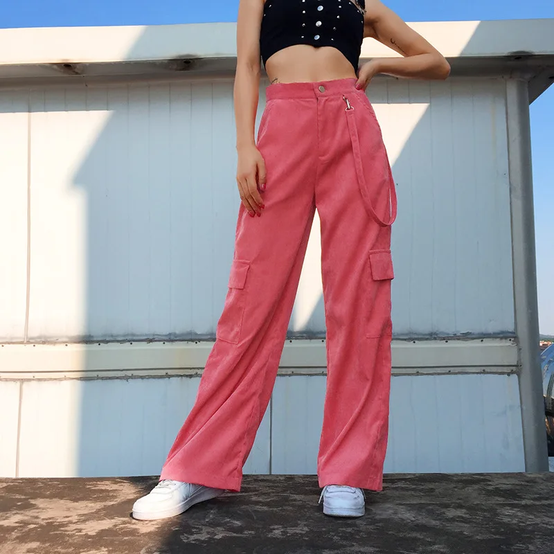 

Женские прямые брюки с высокой талией, модные розовые вельветовые брюки, спортивные брюки, женские брюки, мешковатые брюки с высокой талией