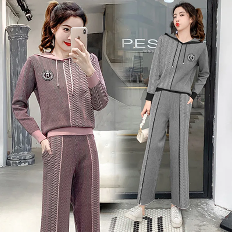 

Designer Chic Ins Spring/Autumn Hooded Women Sweater + Knitted Wide Leg Pant 2 Piece Set Design Pocket Sweatshirt Suit Tracksuit