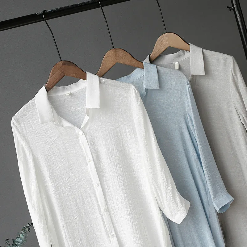 Летние Длинные Серые женская рубашка женские кардиганы из хлопка и льна