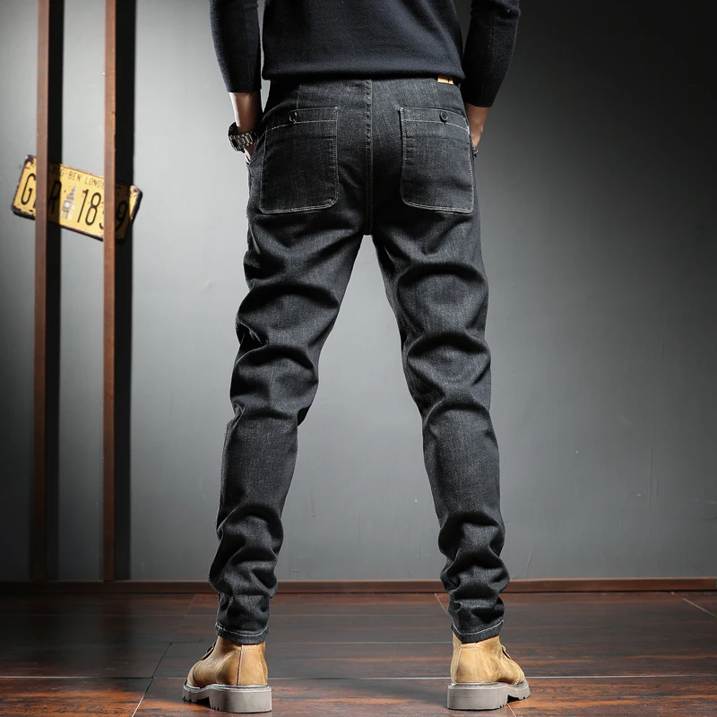 Autumn New Mens Black Jeans Men Fashion Spliced Jean Streetwear Casual Male Harem Pants Regular Drawstring Denim Trousers