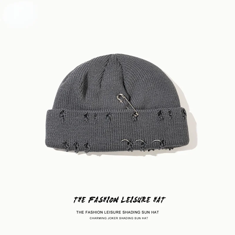 

2021 New Hip-hop Style Cool Pin Circular Ring Broken Hole Knitted Hat Black Orange Yellow 10 Color Optional Melon Cap Man Woman