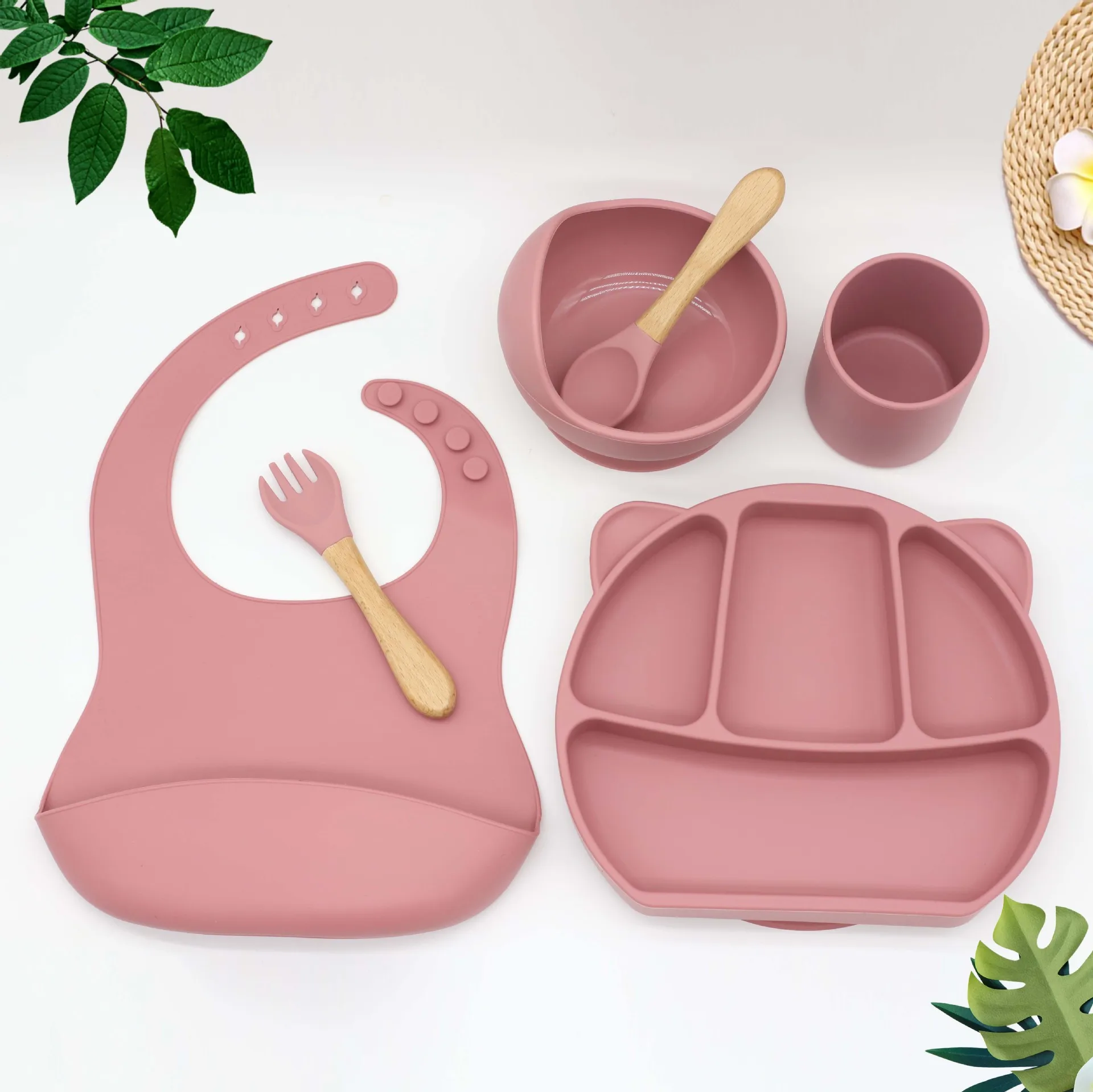 

6PCS/Set Baby Feeding Tableware Silicone Bowl Waterproof Bib Placemat Fork Spoon Cup Set Child Dining Chair Accessories BPA Free