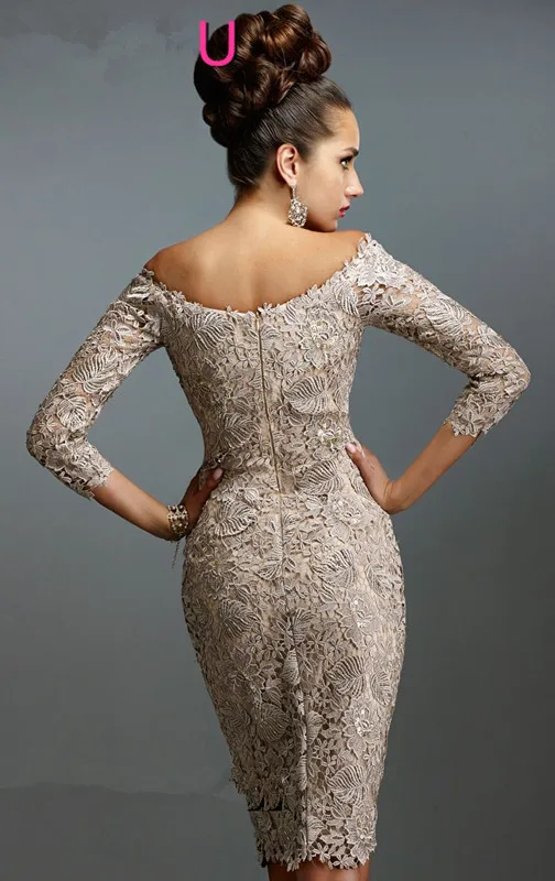 

Elegant Mother Of The Bride Dresses Sheath 3/4 Sleeves Lace Knee Length Plus Size Groom Short Mother Dresses For Wedding