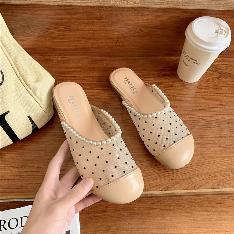 

Shoes Mules For Women 2021 Slippers Flat String Bead Luxury Slides Cover Toe Pantofle Low Loafers Designer New Fashion Rome PU R