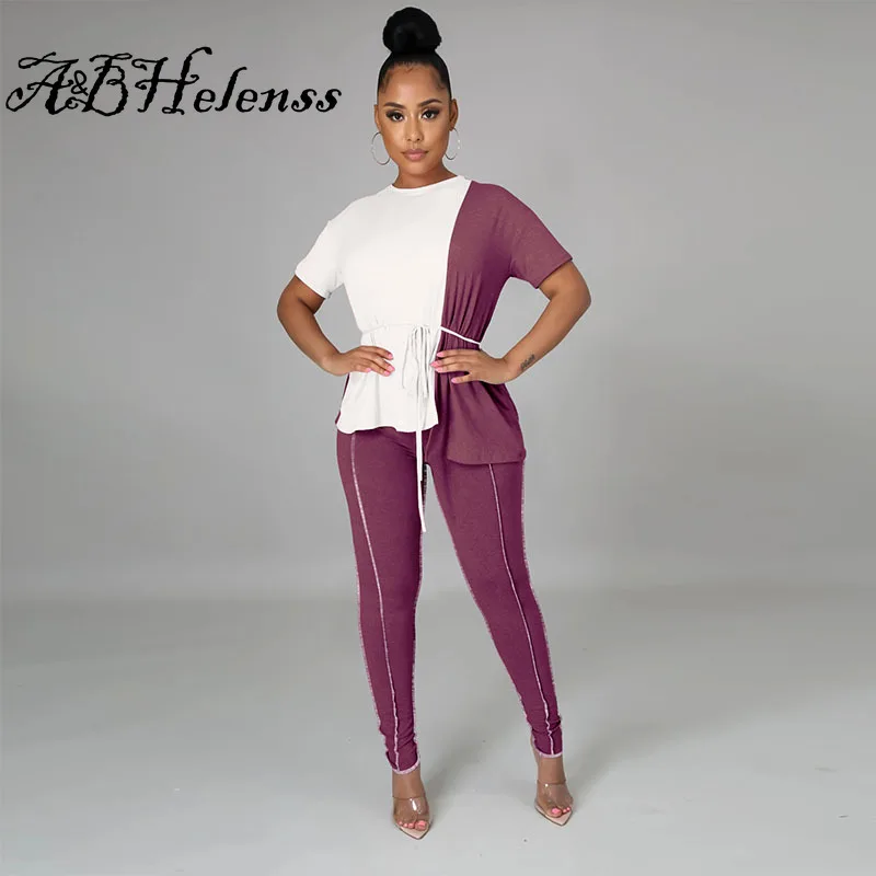 

A&BHelenss Patchwork Short Sleeve T Shirt Top Fitness Pants Summer Outfit for Women Tracksuit Loungewear Two Piece Set
