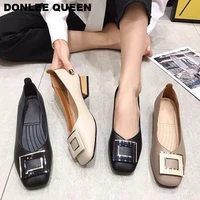 fashion metal buckle flats casual shoes women square toe low heel loafer women slip on soft moccasin female shoes big size 35 41