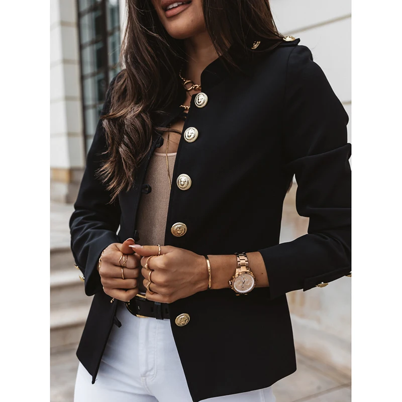 

Vintage Blazer Women Office Jacket Autumn Button Solid Color Elegant Long Sleeved Slim Breasted Small Blazer