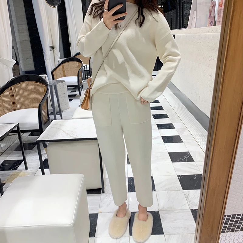 

Women Sweater Two Piece Knitted Pant Sets Slim Tracksuit 2020 Spring Autumn Fashion Sweatshirts Sporting Suit Female