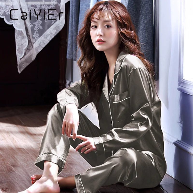 CAIYIER Soild Silk Satin Pajamas Set Blue Sexy Turn-down Collar Sleepwear For Women Long Sleeve Nightwear Winter Loungewear M-2L