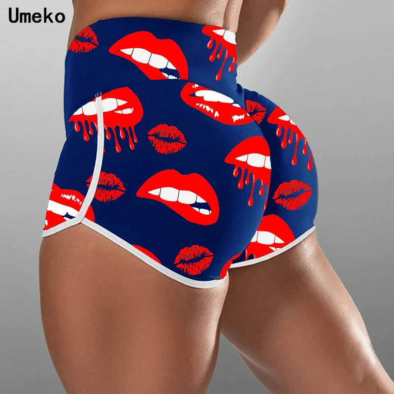 

Umeko Women 2021 Summer High Waist Sexy Lips Print Shorts Casual Sports Fashion Gym Workout Waistband Skinny Shorts Plus Size